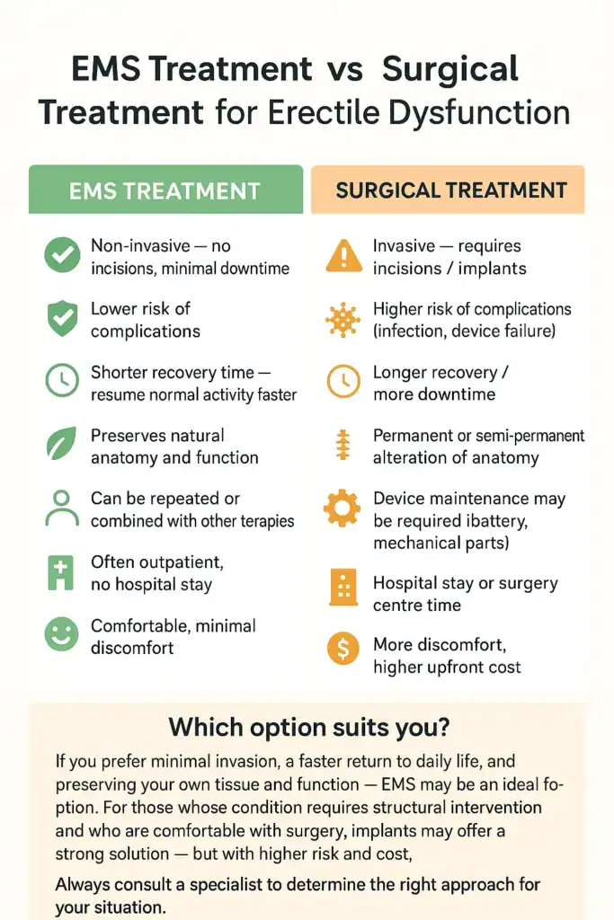 A table showing the benefits of EMS chair for erectile dysfunction treatment Oxford compared to surgery.