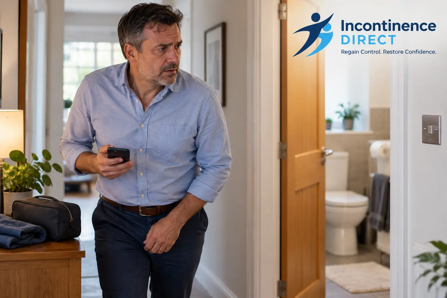 Worried Man Near Open Bathroom affected from faecal incontinence safety tips from incontinence direct Oxford