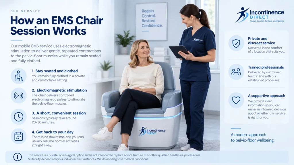 Illustration showing an EMS chair session at Incontinence Direct Oxford
