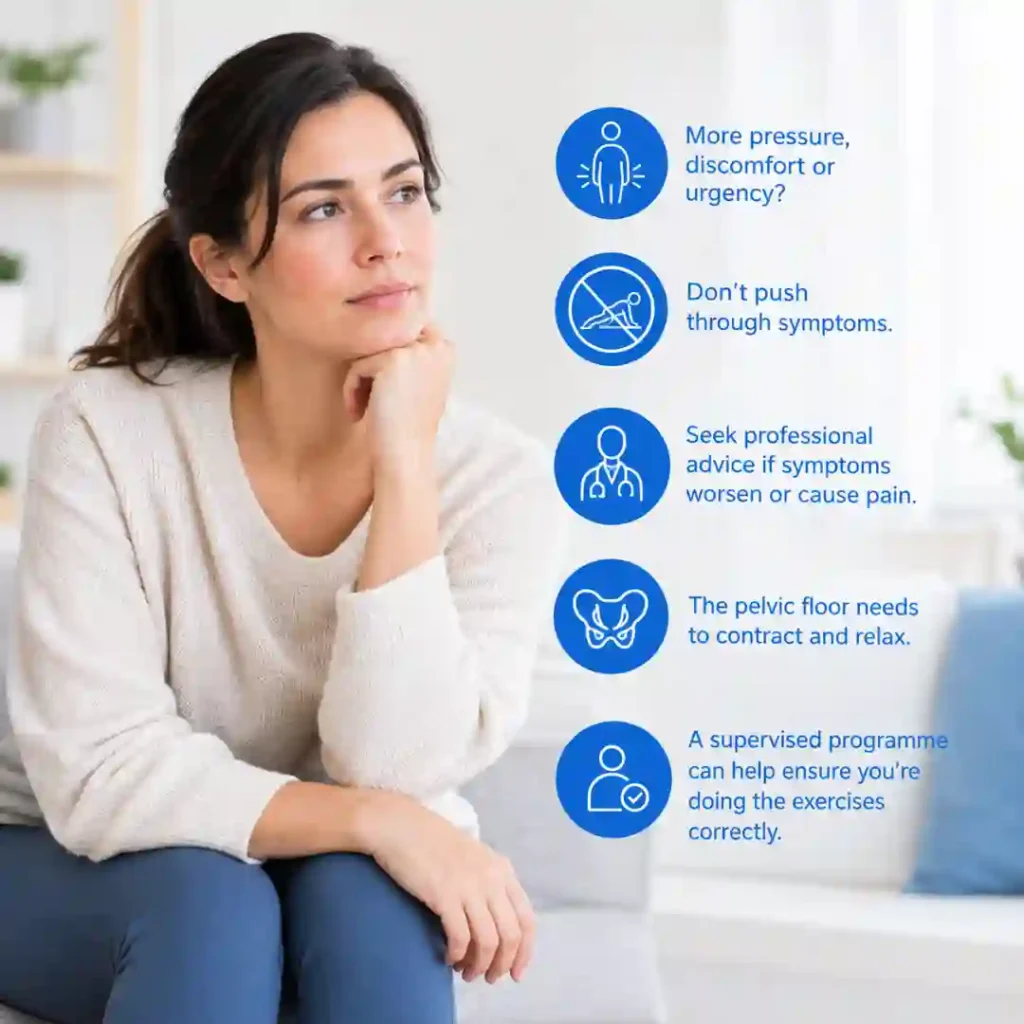 Pelvic-floor exercises Oxford involve controlled contraction and relaxation. Persistent pressure, discomfort or urinary urgency may warrant professional assessment.